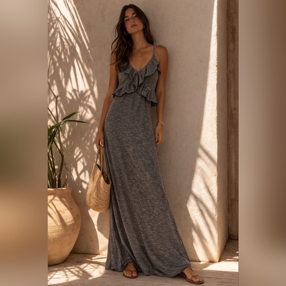 Max Studio Dresses & Skirts - Max Studio Boho Gray Maxi Dress Ruffle Bust Spaghetti Strap Reformation Style M